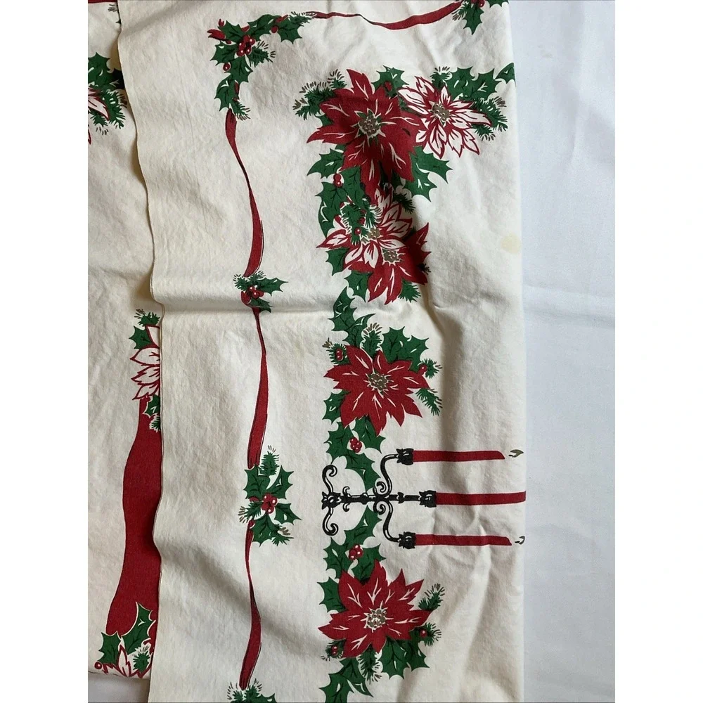 Vintage 100% Cotton Christmas Tablecloth Poinsettia Holly 62 X 48 Retro Holiday